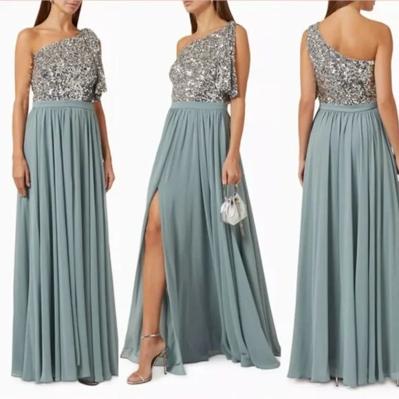 Sachin & Babi Jolie One Shoulder Sequin Gown Steel Blue - Picture 2 of 12